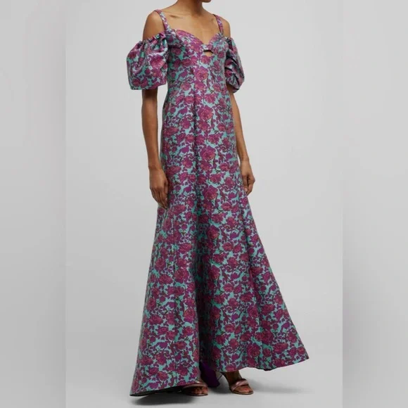 $1492 Zac Posen Women's Purple Floral Jacquard Cold Shoulder Gown - Picture 2 of 8